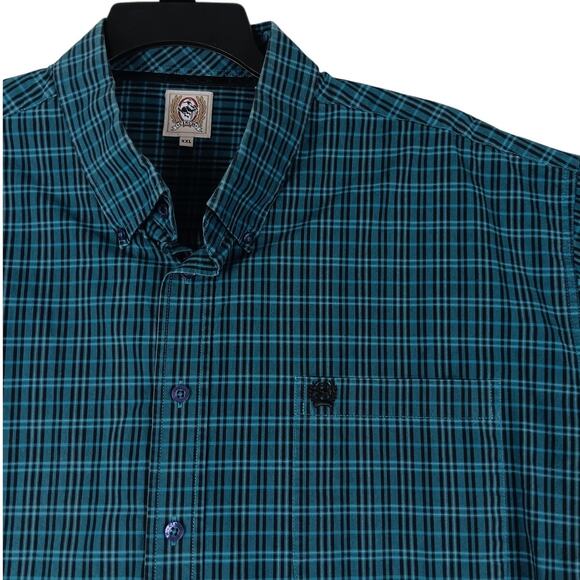 Cinch Western Shirt Mens XXL Turquoise & Navy Plaid Button Down Cowboy Logo - Picture 1 of 10